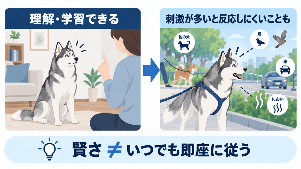 ハスキーの学習能力と刺激の多い環境での指示への反応の違いを示す図