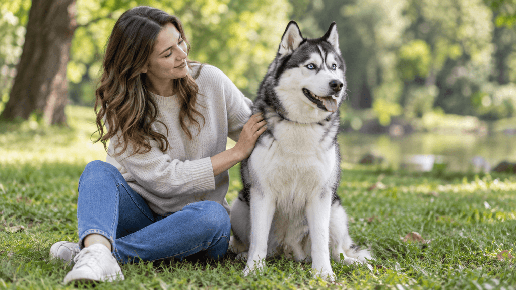 穏やかな表情で飼い主と過ごすシベリアンハスキー