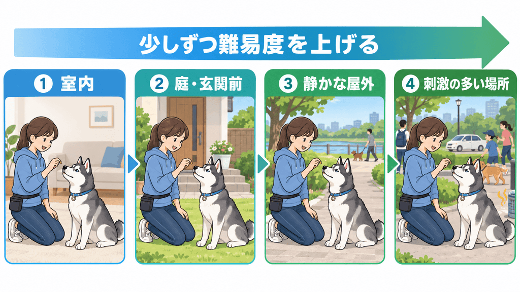 室内から刺激の多い屋外へ段階的にハスキーを練習する方法の図解