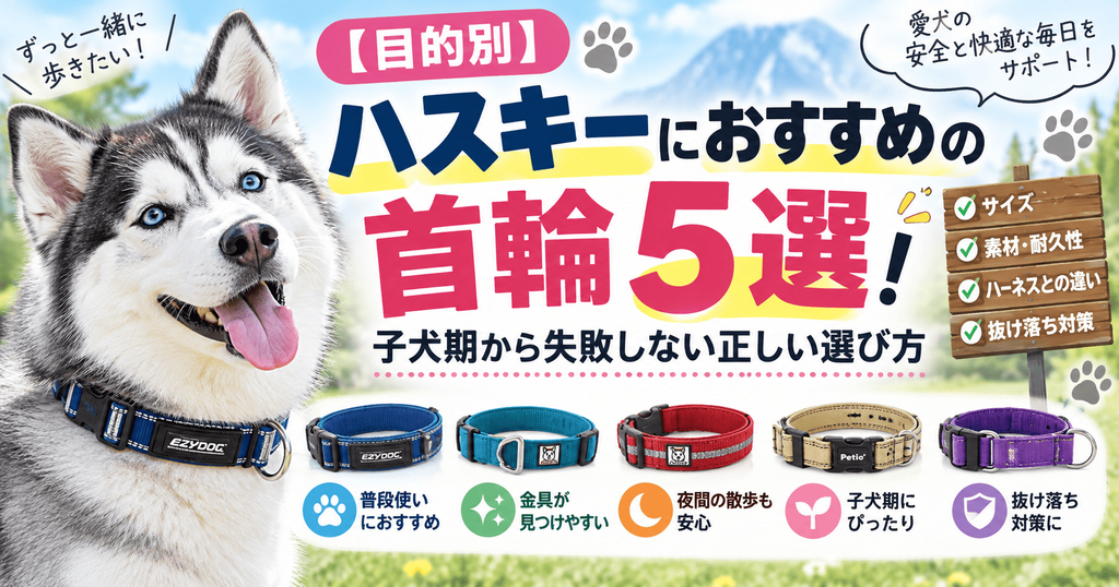 シベリアンハスキーと5種類の犬用首輪を紹介し、サイズ・素材・耐久性・ハーネスとの違い・抜け落ち対策など選び方のポイントをまとめた画像