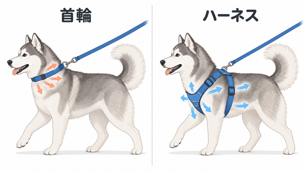 シベリアンハスキーに装着した首輪とハーネスの力のかかり方の違い