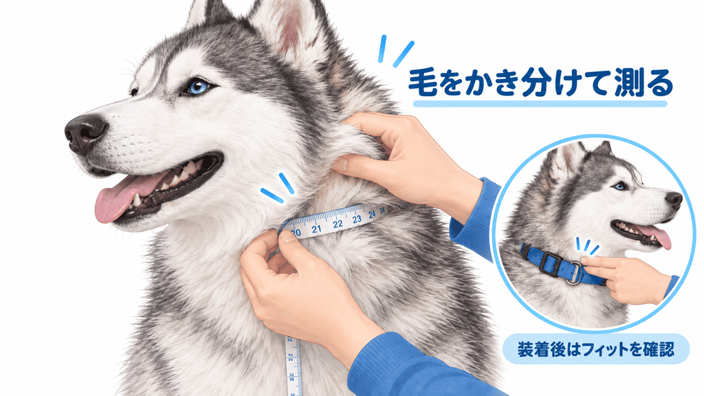 シベリアンハスキーの毛をかき分けてメジャーで首回りを測る方法