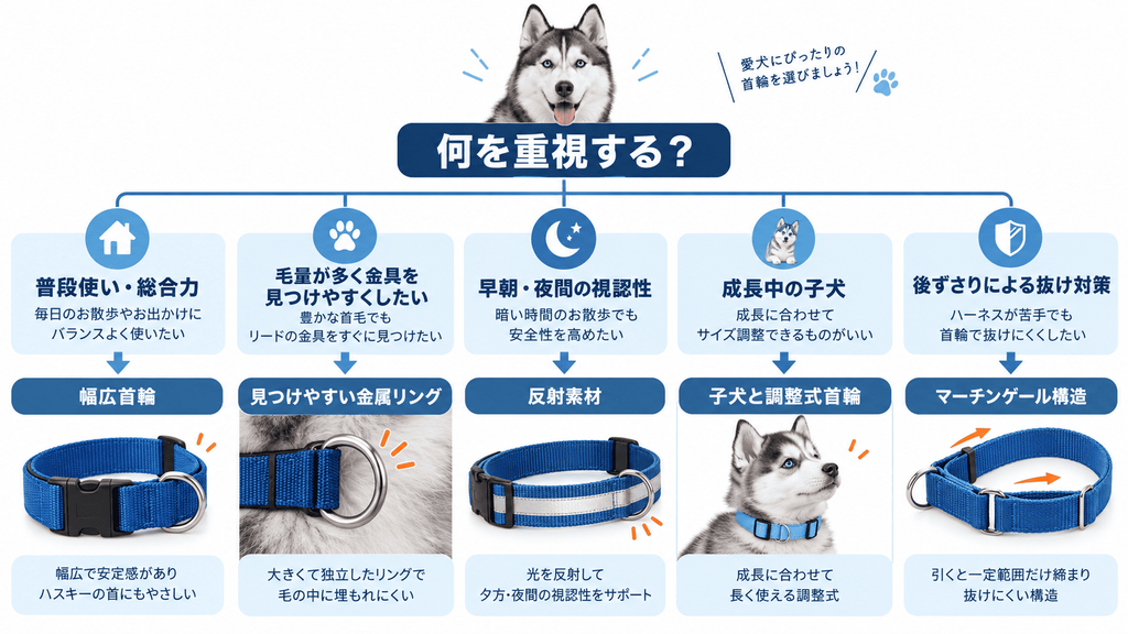 シベリアンハスキーの使用目的別に適した首輪を選ぶためのチャート