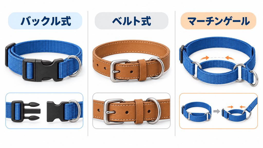 バックル式・ベルト式・マーチンゲール式の犬用首輪の構造比較