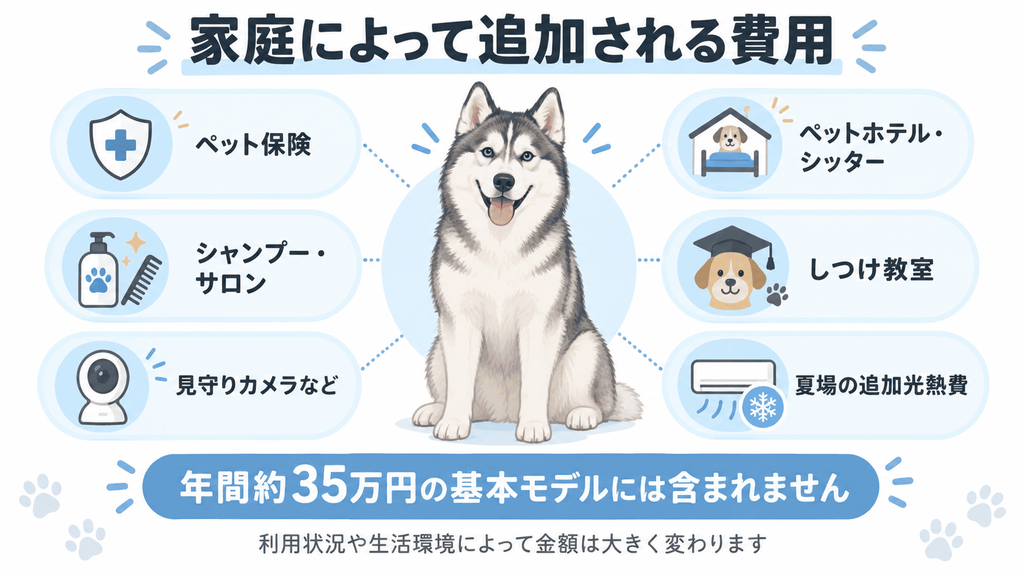 ペットホテルやサロン、保険、光熱費など家庭によって追加されるハスキーの飼育費