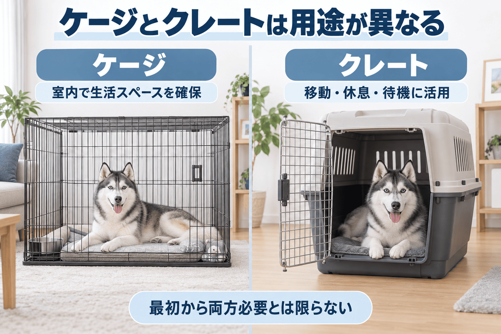 ハスキー用のケージとクレートの用途の違いを示した比較イメージ