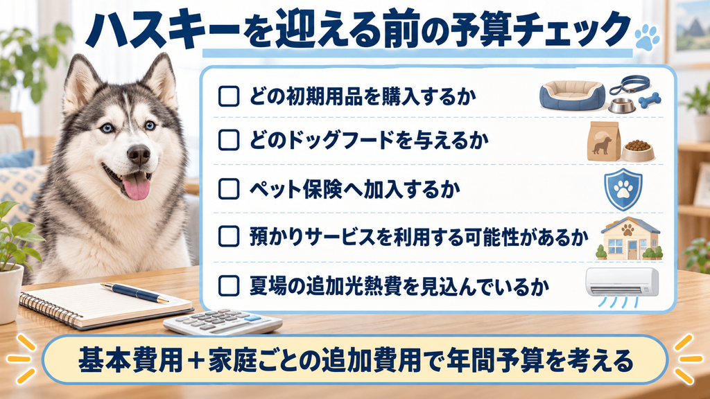 ハスキーを迎える前にフードや保険、預かりサービス、光熱費などの予算を確認するイメージ
