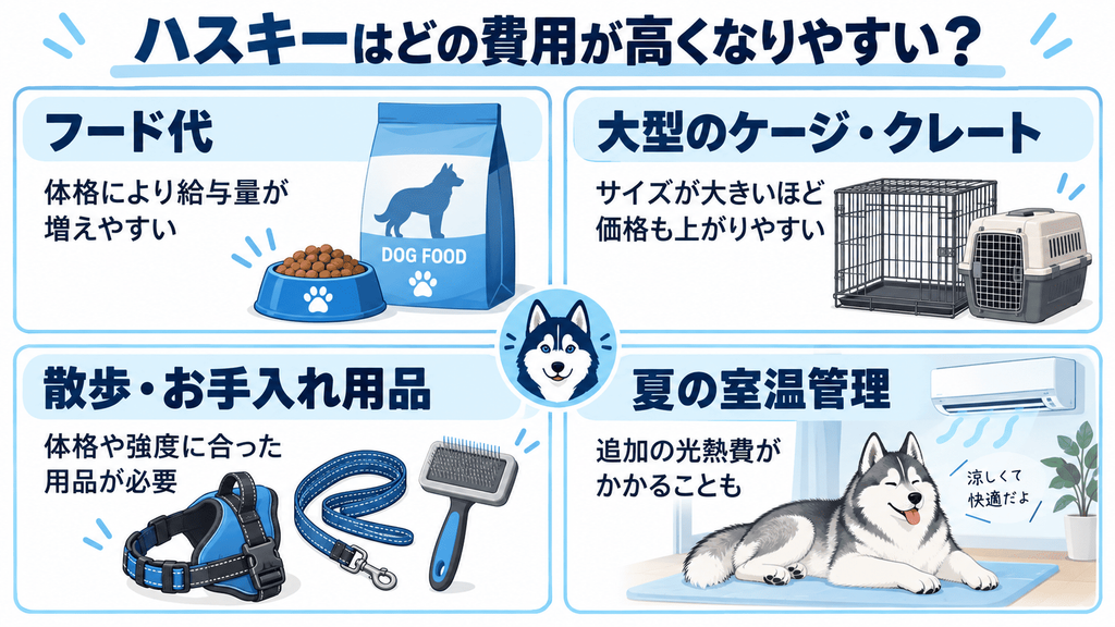 ハスキーでフード、大型用品、散歩用品、夏の室温管理の費用が高くなりやすい理由の図解