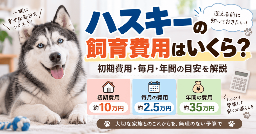 シベリアンハスキーの写真と、飼育費用の目安として初期約10万円、毎月約2.5万円、年間約35万円を紹介する画像