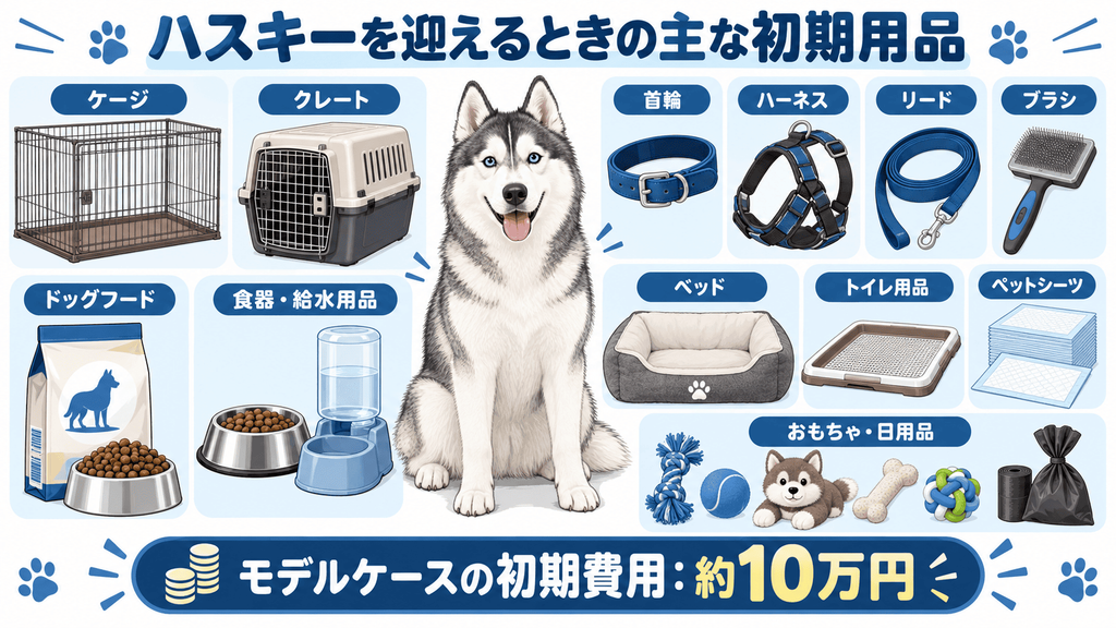 ハスキーを迎える際に用意するケージやハーネス、フードなどの初期用品