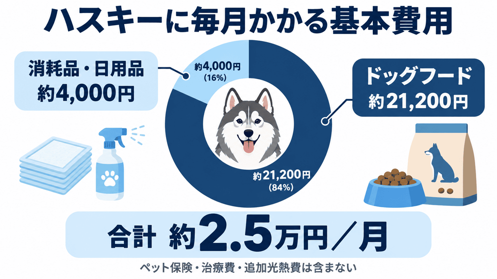 ハスキーの毎月の飼育費でドッグフード代が大きな割合を占めることを示す図
