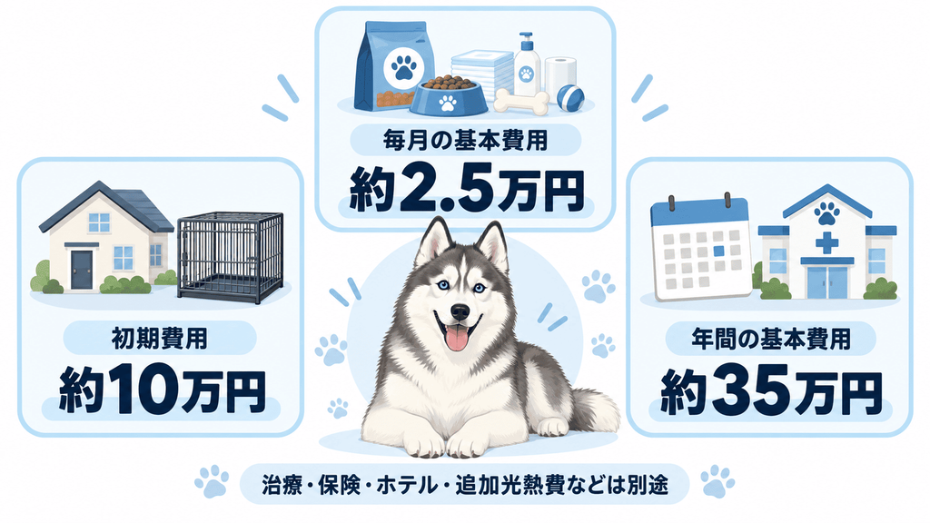 ハスキーの初期費用・毎月の費用・年間費用をまとめた飼育費用の図解