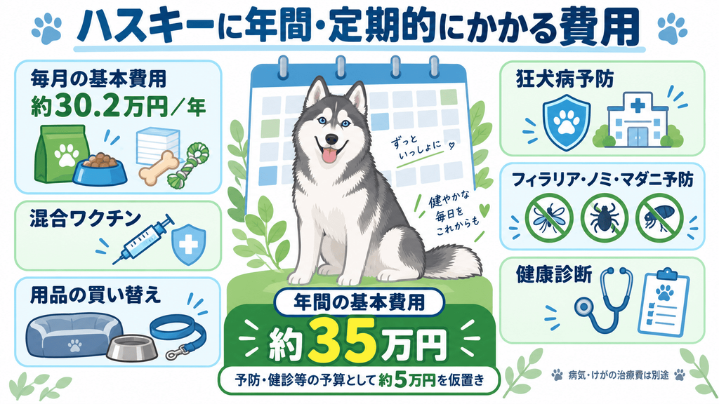 ハスキーの年間費用にフード代のほか予防や健康診断などが含まれることを示す図