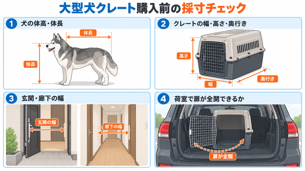 大型犬クレート購入前に犬・玄関・クレート・車の荷室を測るポイント