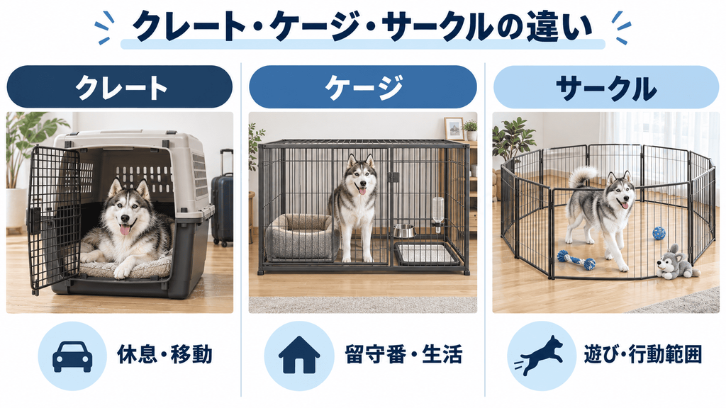 シベリアンハスキー用のクレート・ケージ・サークルの役割の違い