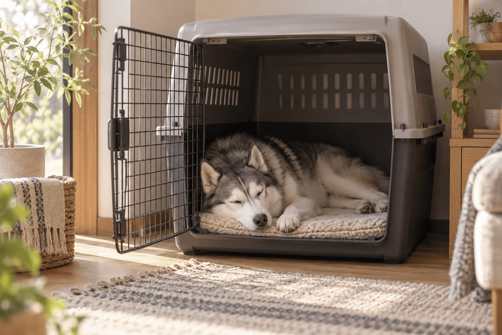 扉を開けたクレートの中でリラックスして眠るシベリアンハスキー