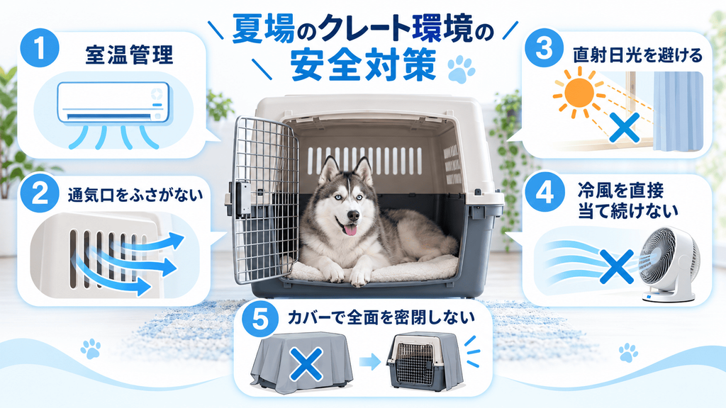 シベリアンハスキーが夏にクレートで快適に過ごすための暑さ対策