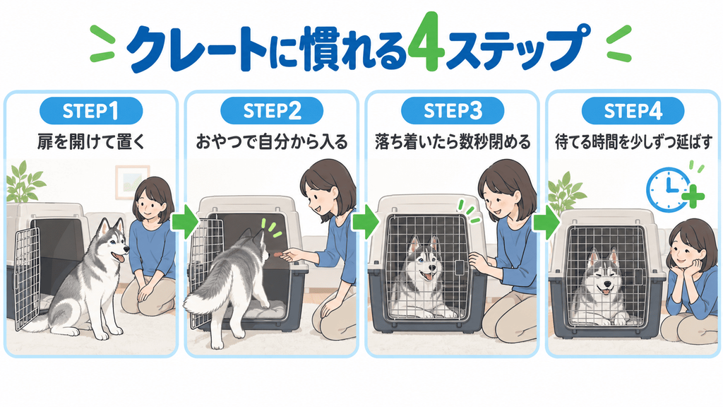 シベリアンハスキーをクレートに慣らす4段階のトレーニング手順