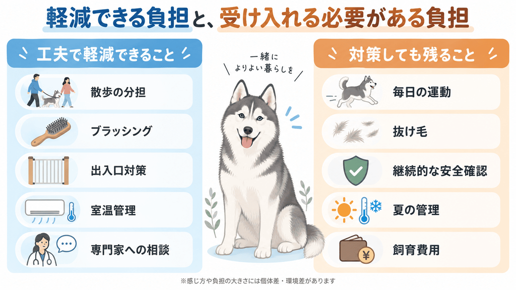 ハスキー飼育で軽減できる負担と残る負担の比較