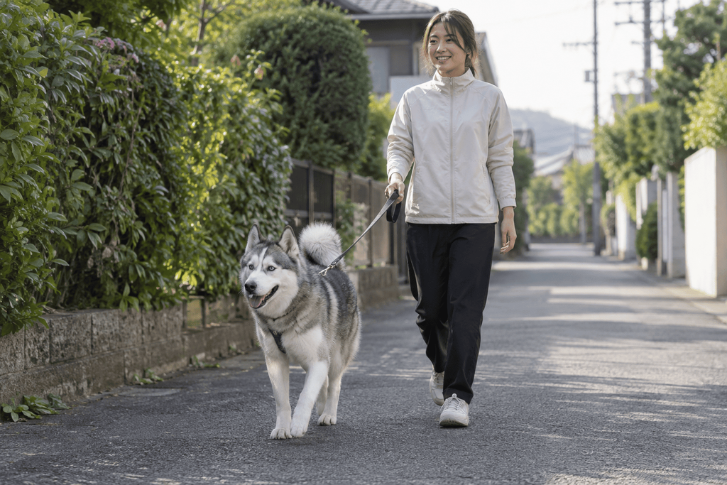 飼い主と散歩するシベリアンハスキー