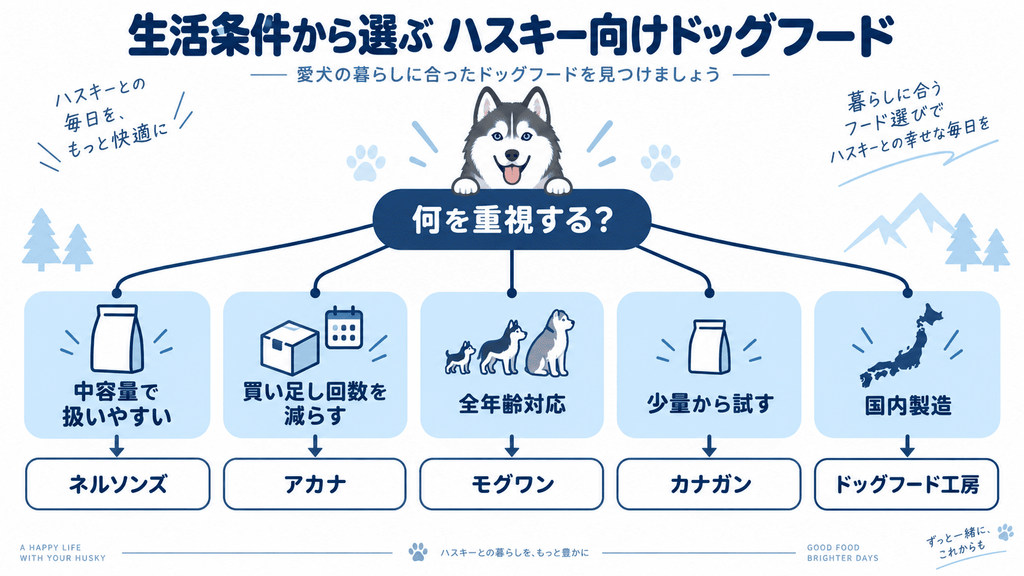 ハスキー向けドッグフード5商品を容量や購入条件から選ぶフローチャート