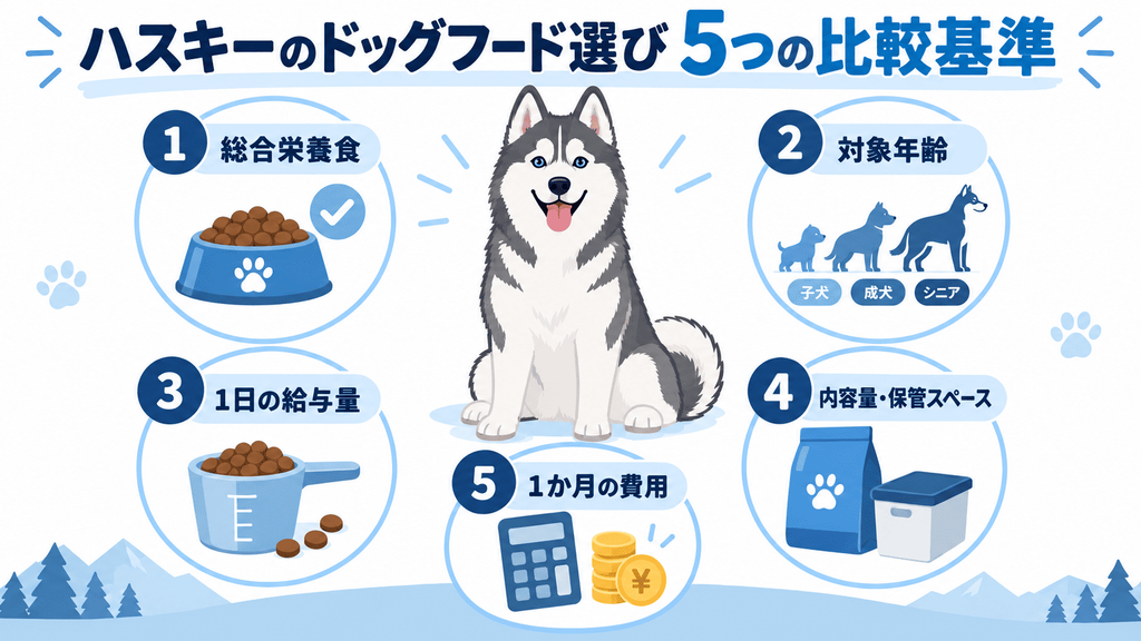ハスキーのドッグフード選びで確認したい総合栄養食、対象年齢、給与量、容量、費用の5項目