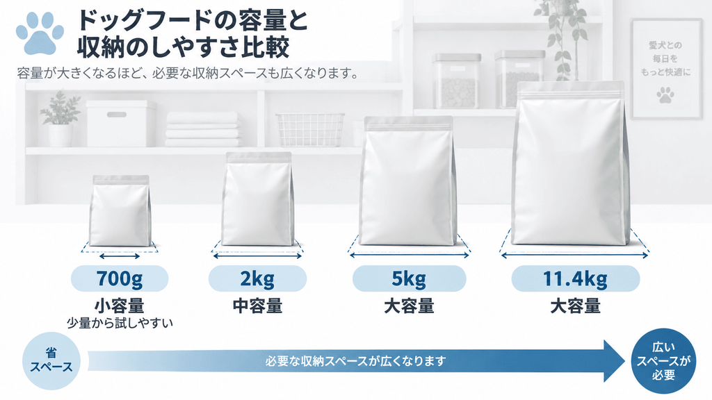 700g・2kg・5kg・11.4kgのドッグフード容量と保管スペースの比較
