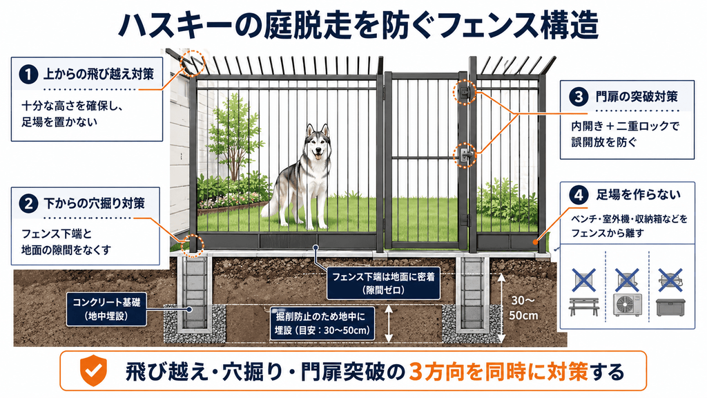 シベリアンハスキーの庭からの脱走を防ぐため、十分な高さ、地中30〜50cmの埋設、二重ロック付き門扉、足場を作らない配置など、飛び越え・穴掘り・門扉突破への対策を図解した画像。