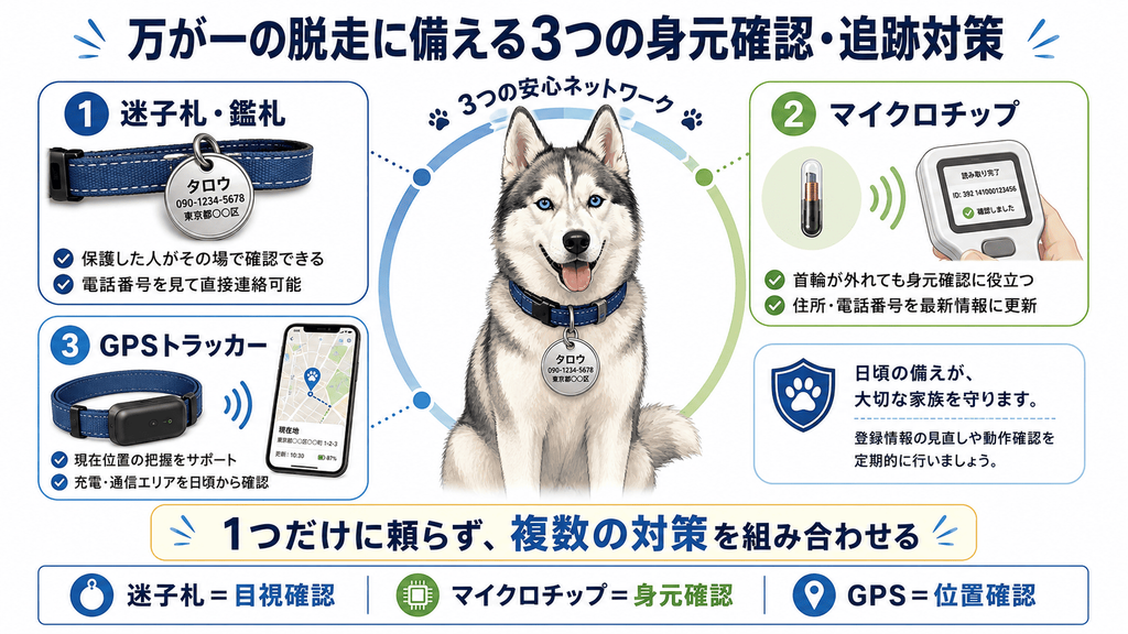 ハスキーの脱走に備える身元確認・追跡対策として、迷子札、マイクロチップ、GPSトラッカーの3つを組み合わせ、保護時の連絡・身元確認・位置確認に役立てる方法を図解した画像。