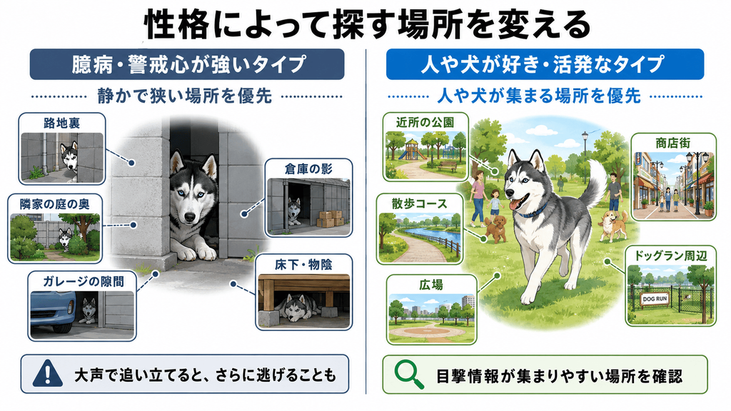 脱走したシベリアンハスキーの性格に応じて、臆病・警戒心が強い犬は路地裏や物陰を、人や犬が好きな活発な犬は公園・散歩コース・商店街・ドッグラン周辺を探す方法を図解した画像。