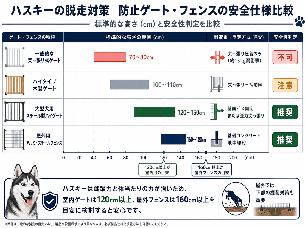 ハスキーの脱走防止用ゲート・フェンスを高さや固定方法、安全性で比較し、室内ゲートは120cm以上、屋外フェンスは160cm以上を目安として紹介する図解。