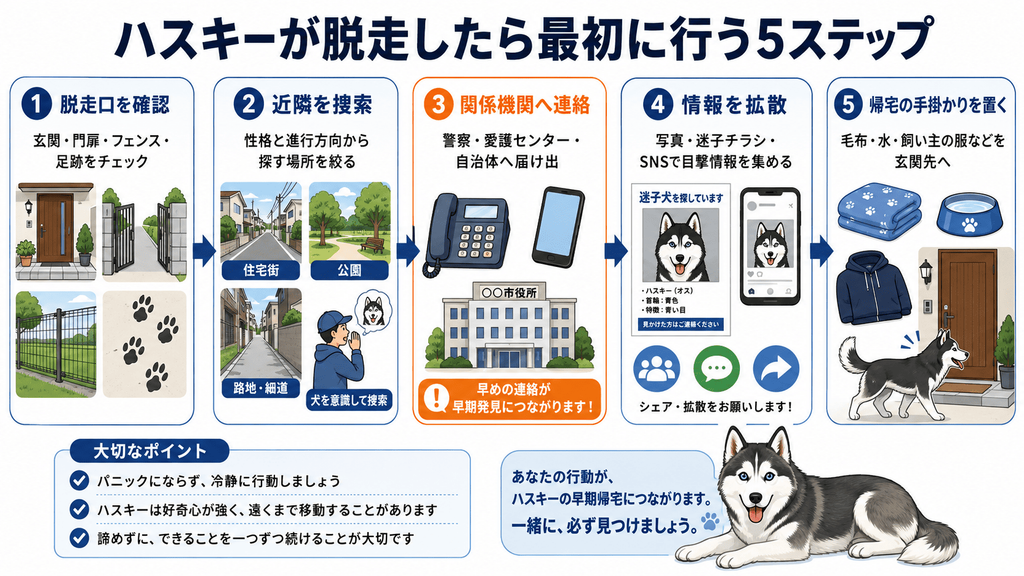 シベリアンハスキーが脱走した際の対応として、脱走口の確認、近隣捜索、警察や愛護センターへの連絡、SNSでの情報拡散、帰宅の手掛かりを置く5ステップを図解した画像。