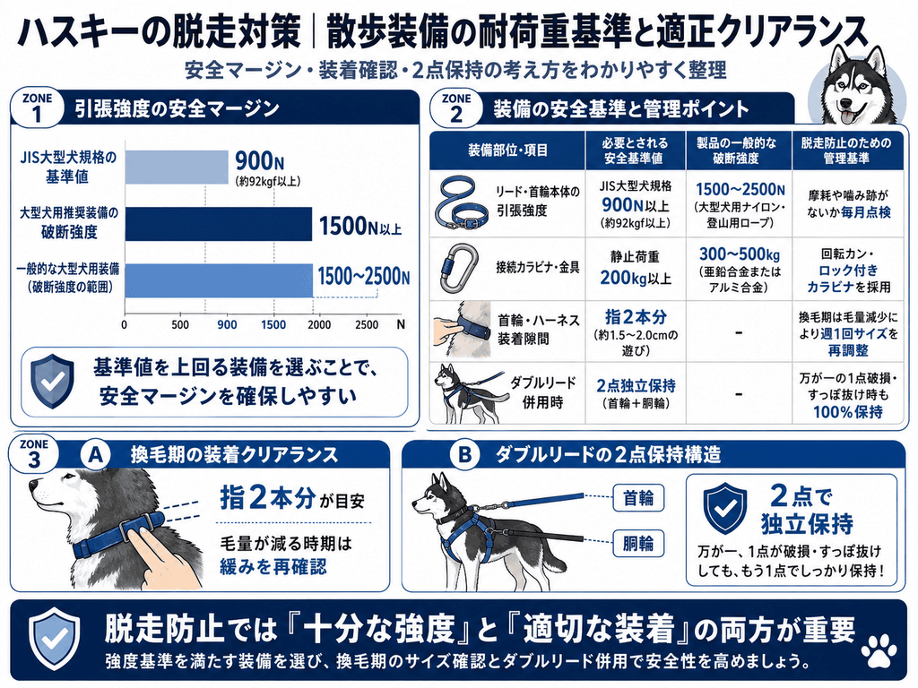 ハスキーの脱走防止に必要な散歩装備について、リードや首輪・ハーネス、カラビナの耐荷重基準、指2本分の装着クリアランス、首輪と胴輪を使うダブルリードの2点保持を図解した画像。