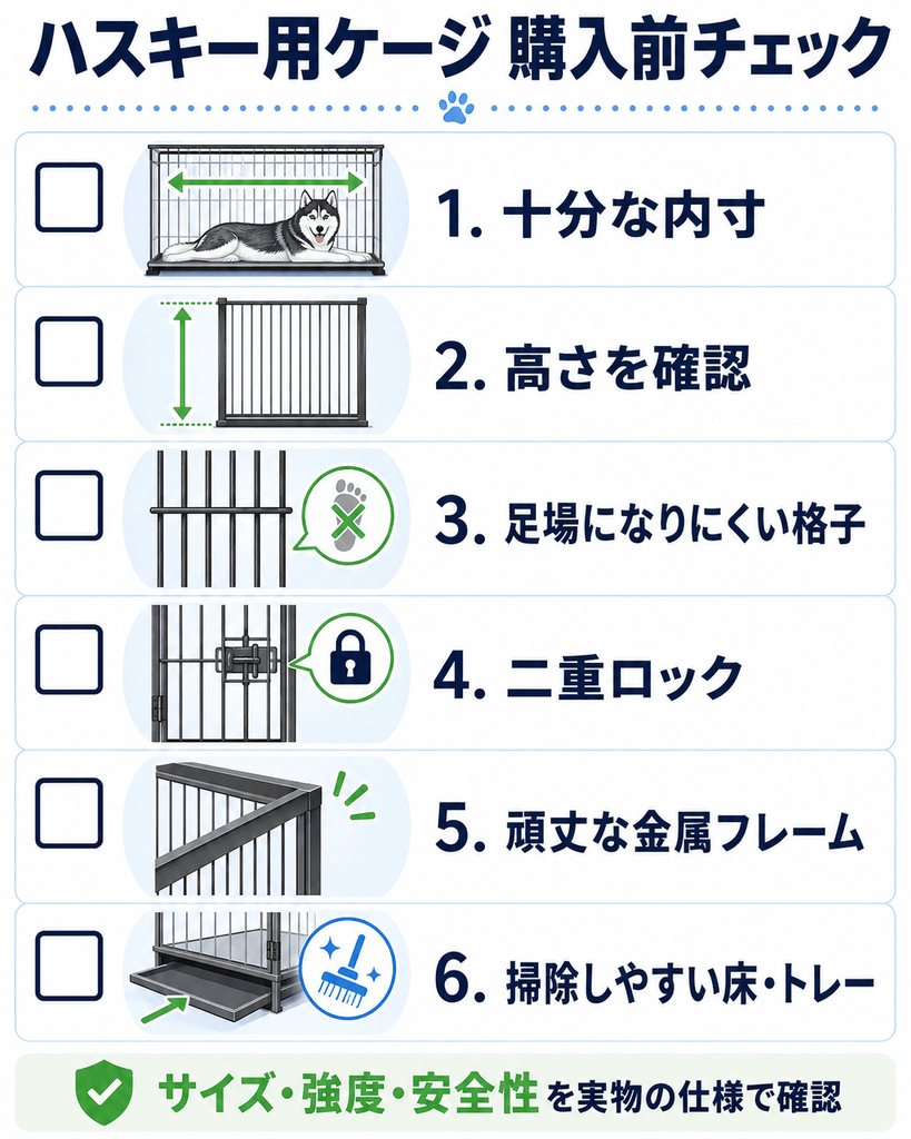 ハスキー用ケージ購入前に確認したい、十分な内寸、高さ、足場になりにくい格子、二重ロック、頑丈な金属フレーム、掃除しやすい床・トレーの6項目を示したチェックリスト。