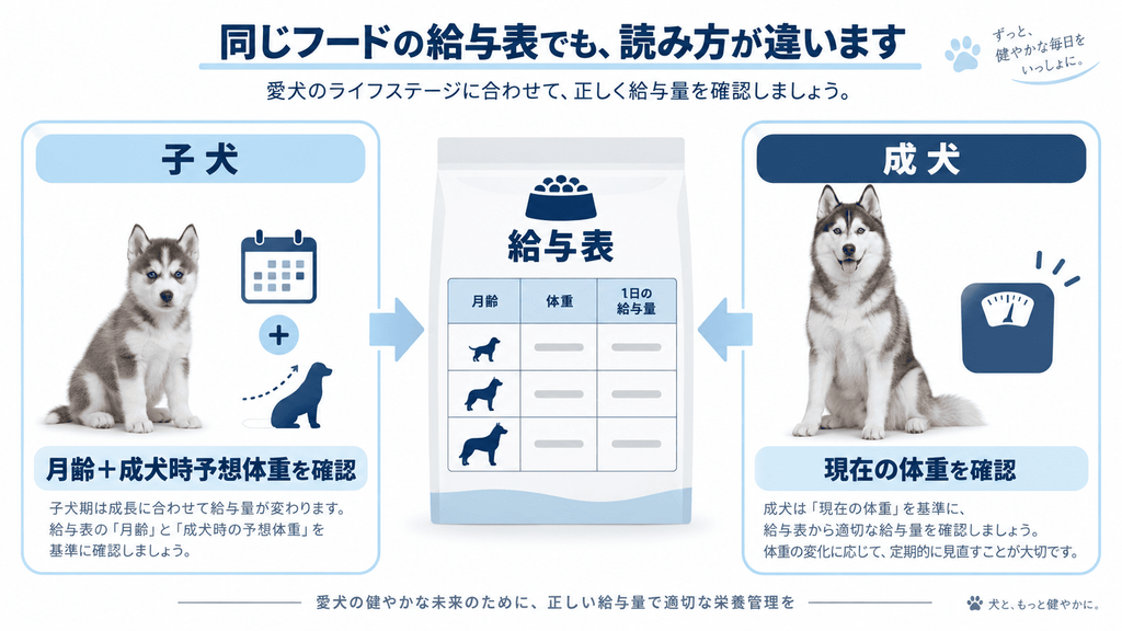 ハスキーの子犬と成犬における給与表の確認方法の違い