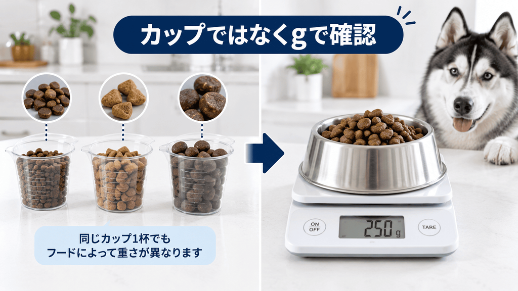 ドッグフードをキッチンスケールでグラム単位に計量する様子