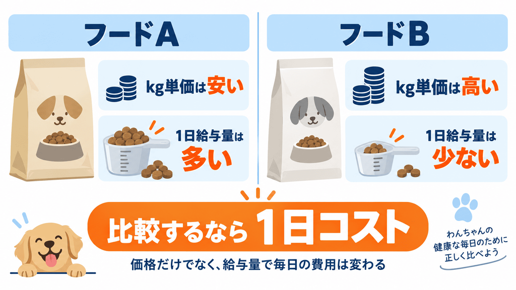 ドッグフードは1kg単価だけでなく1日給与量を含めた1日コストで比較することを示す図