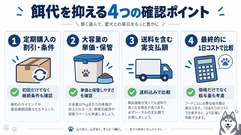 ハスキーの餌代を抑えるために定期購入・大容量・送料・1日コストを確認するポイント