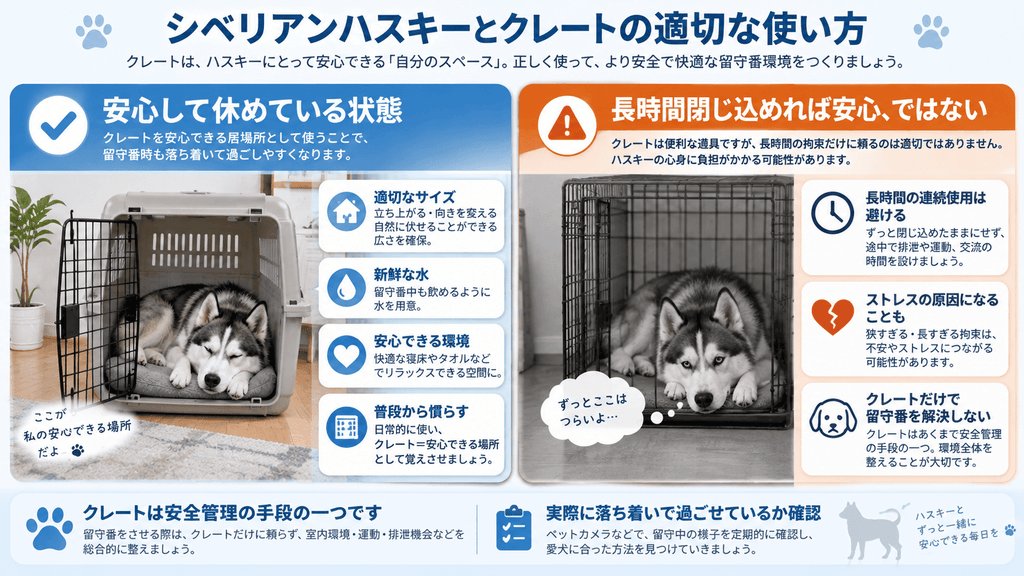 ハスキーのクレート利用で安心して休める状態と長時間拘束への注意点