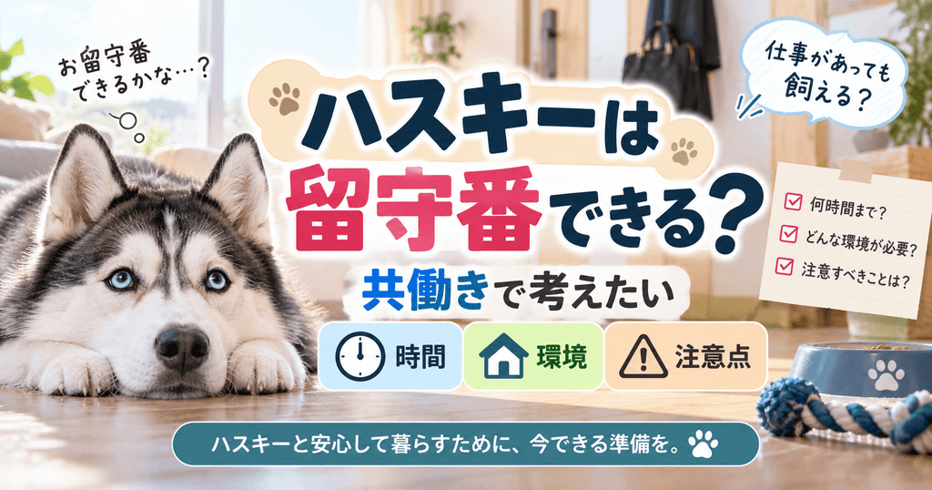 室内で伏せるハスキーと「ハスキーは留守番できる？」の見出し、共働き家庭向けに留守番時間・必要な環境・注意点を示した画像