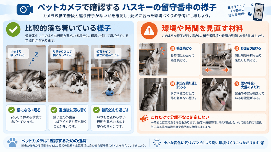 ペットカメラで確認するハスキーの落ち着いた留守番と見直しが必要な行動の例