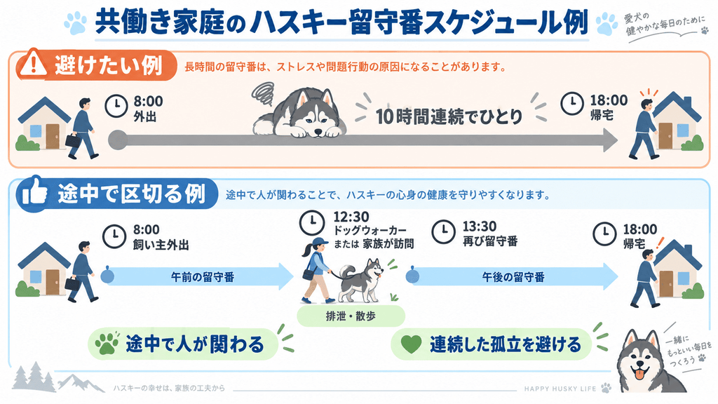 10時間の留守番を途中の訪問や散歩で区切る一日のスケジュール例