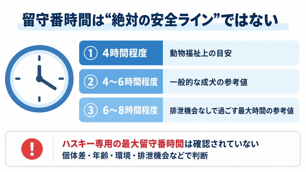 犬の留守番時間に関する4時間、4〜6時間、6〜8時間の参考値を整理した図