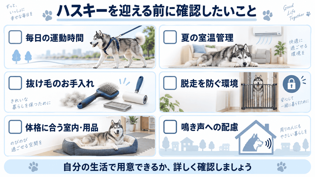 ハスキーの性格の傾向。友好的な面と独立した面があり、猫や小動物との接触には配慮が必要。