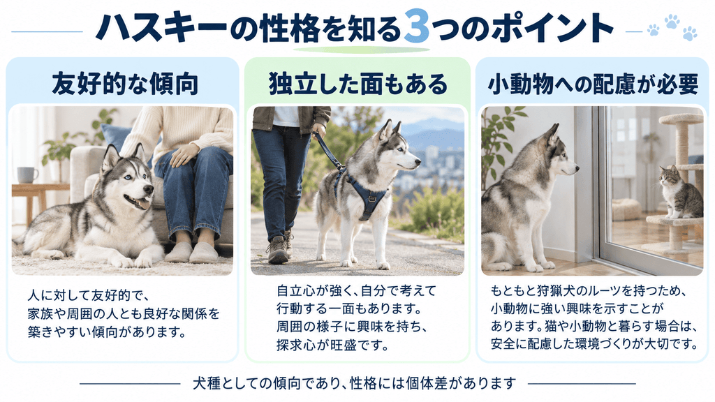 ハスキーの毛色と目の色の例。グレー・黒・赤みのある毛色・白や、青い目・茶色い目・左右で異なる目の色がある。