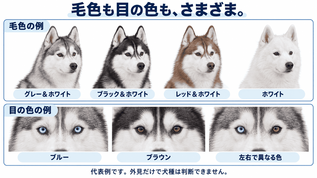 ハスキーの毛色と目の色の例。グレー・黒・赤みのある毛色・白や、青い目・茶色い目・左右で異なる目の色がある。