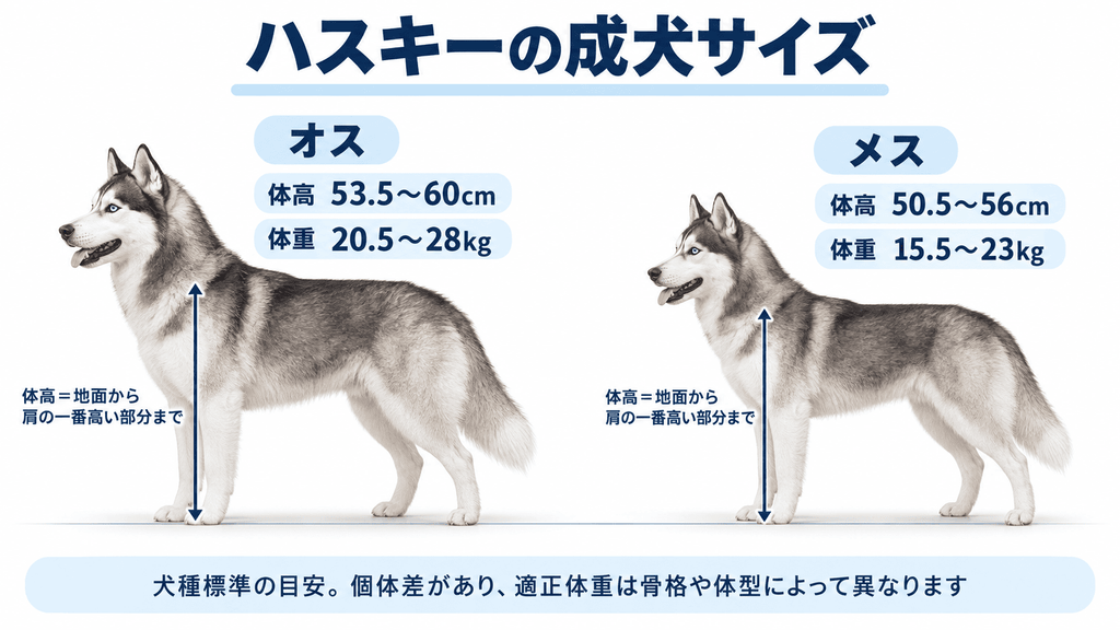 シベリアンハスキーの成犬サイズ。オスは体高53.5~60cm・体重20.5~28kg、メスは体高50.5~56cm・体重15.5~23kg。