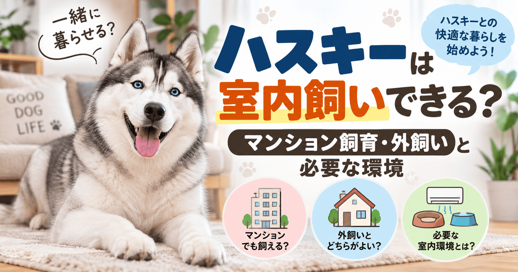 室内でくつろぐシベリアンハスキーと、マンション飼育・外飼いとの比較・快適な室内環境を紹介する画像。