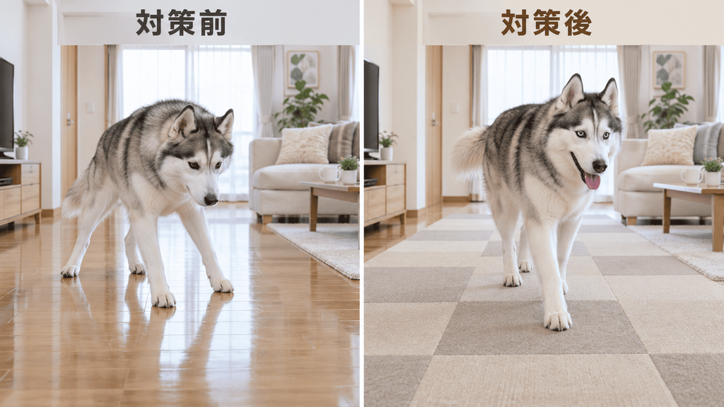 フローリングと滑り止めマットを敷いた床の比較