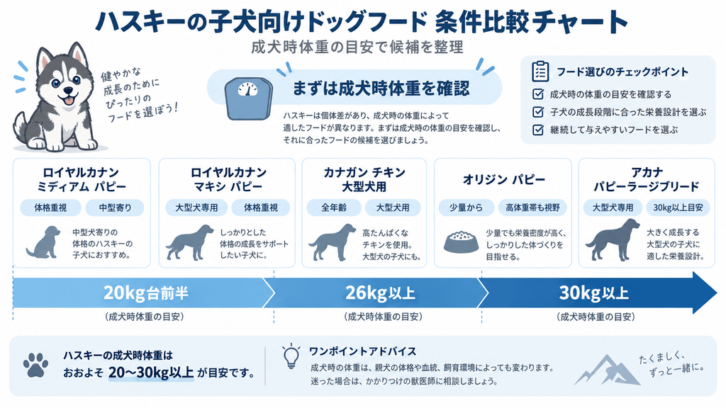 ハスキーの成犬時体重や希望条件から5種類のドッグフードを比較する図